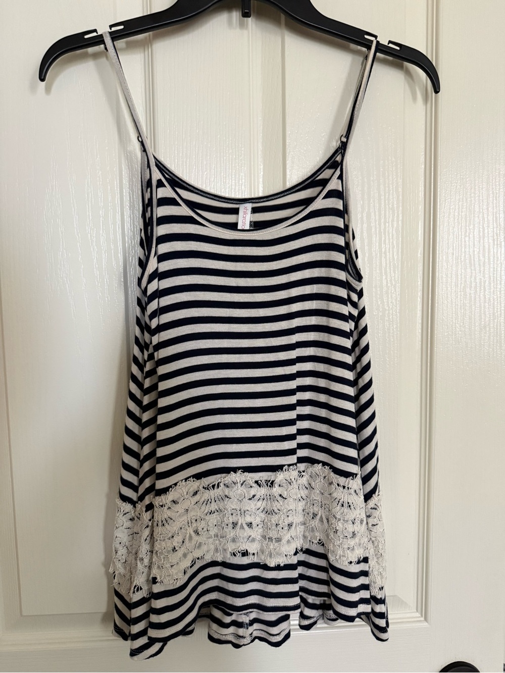 Xhilaration Navy and White Striped Lace-Trim Spaghetti Strap Tank